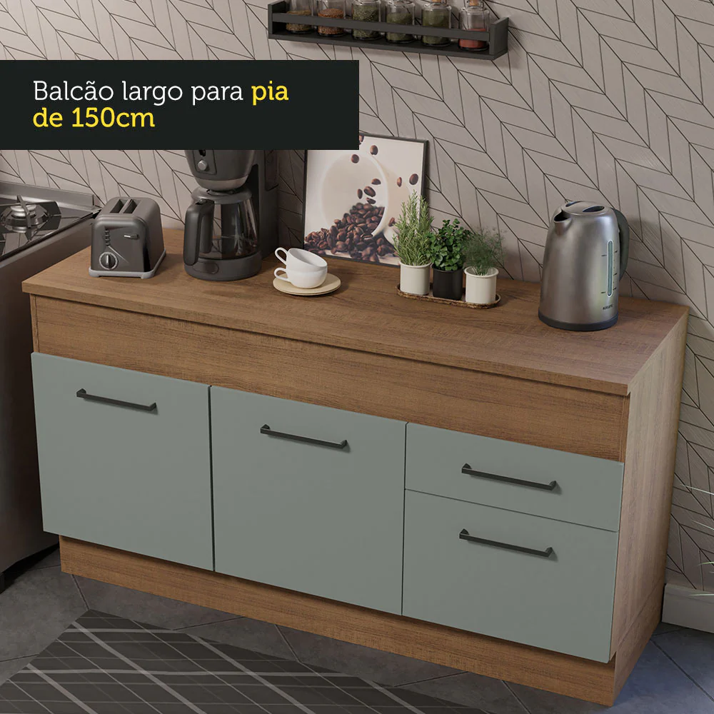 Balcão Madesa Agata 150 cm 2 Portas e 2 Gavetas (Com Tampo) Rustic/Cinza - Image 7