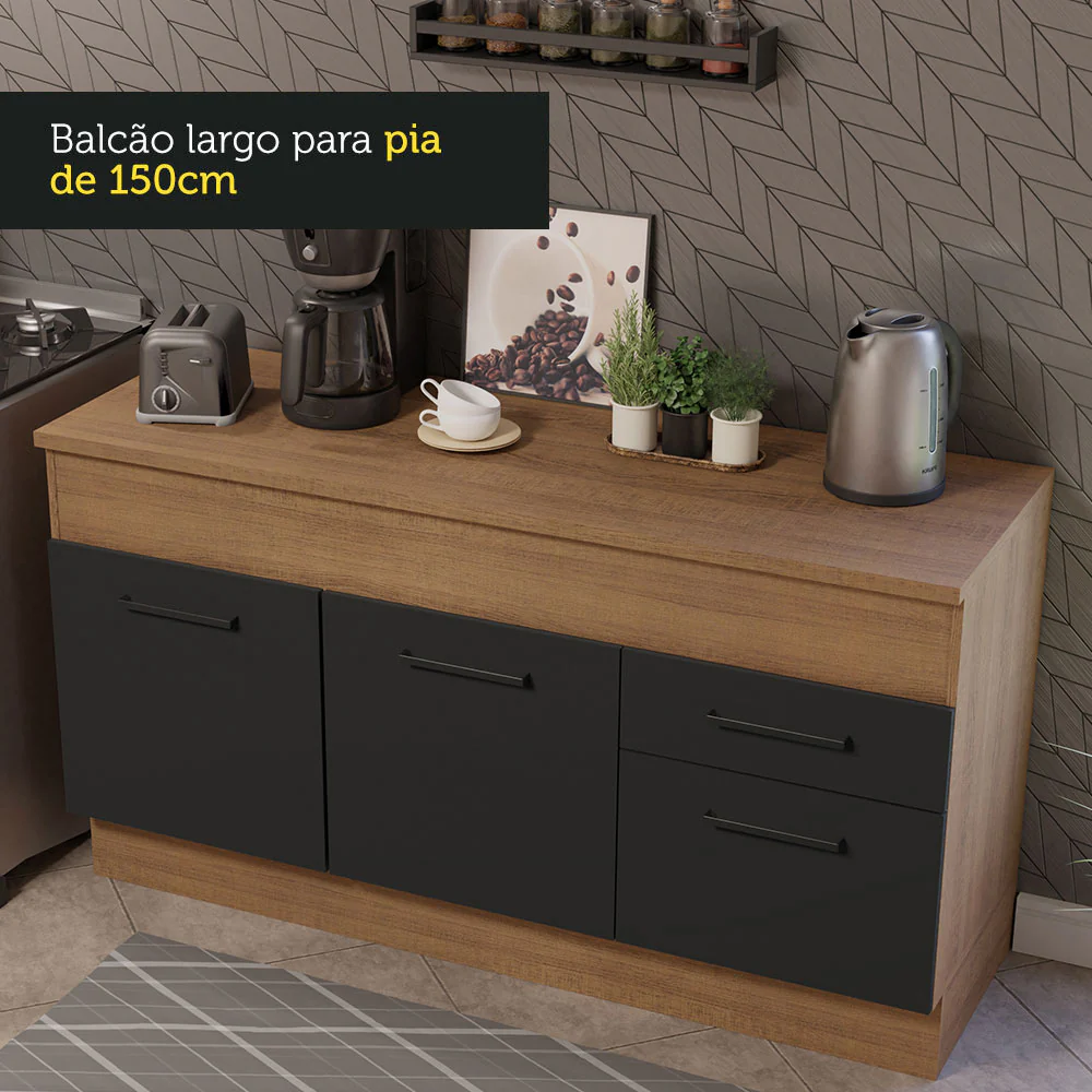 Balcão Madesa Agata 150 cm 2 Portas e 2 Gavetas (Com Tampo) Rustic/Preto - Image 7