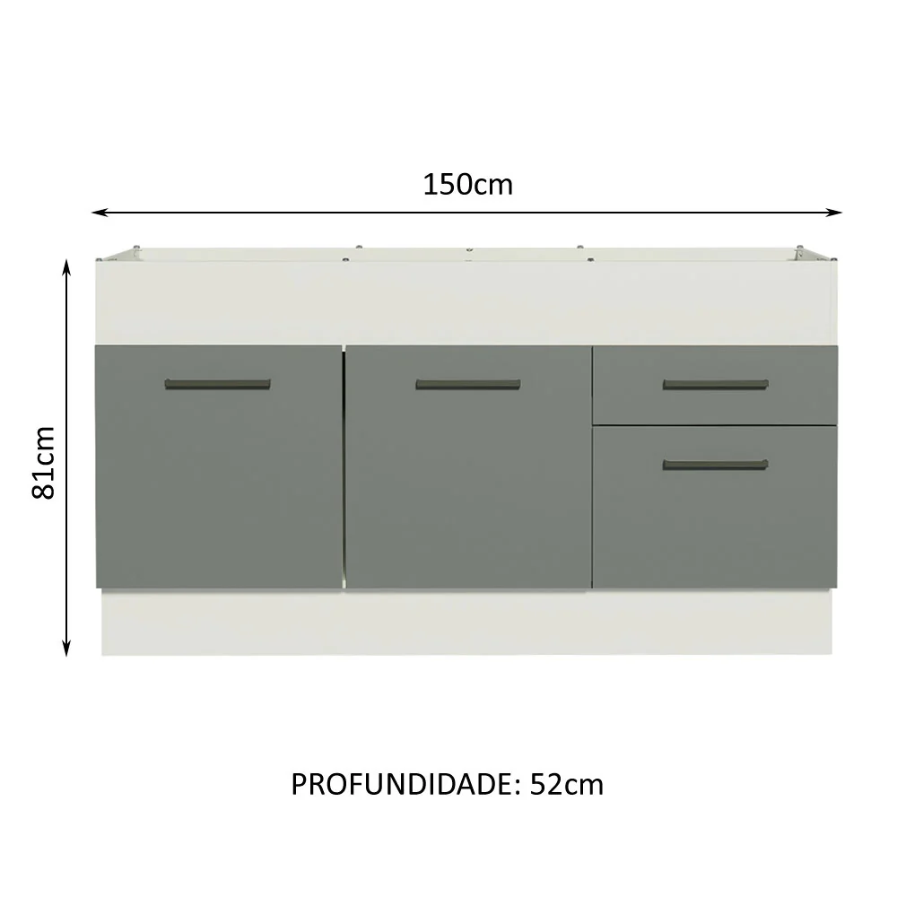 Balcão de Pia Madesa Agata 150 cm 2 Portas e 2 Gavetas (Sem Tampo e Pia) Branco/Cinza - Image 3