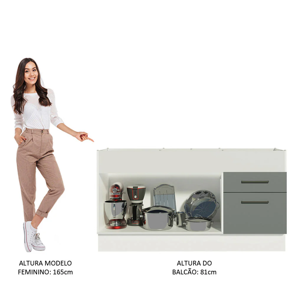 Balcão de Pia Madesa Agata 150 cm 2 Portas e 2 Gavetas (Sem Tampo e Pia) Branco/Cinza - Image 5