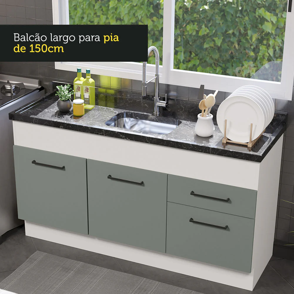Balcão de Pia Madesa Agata 150 cm 2 Portas e 2 Gavetas (Sem Tampo e Pia) Branco/Cinza - Image 6