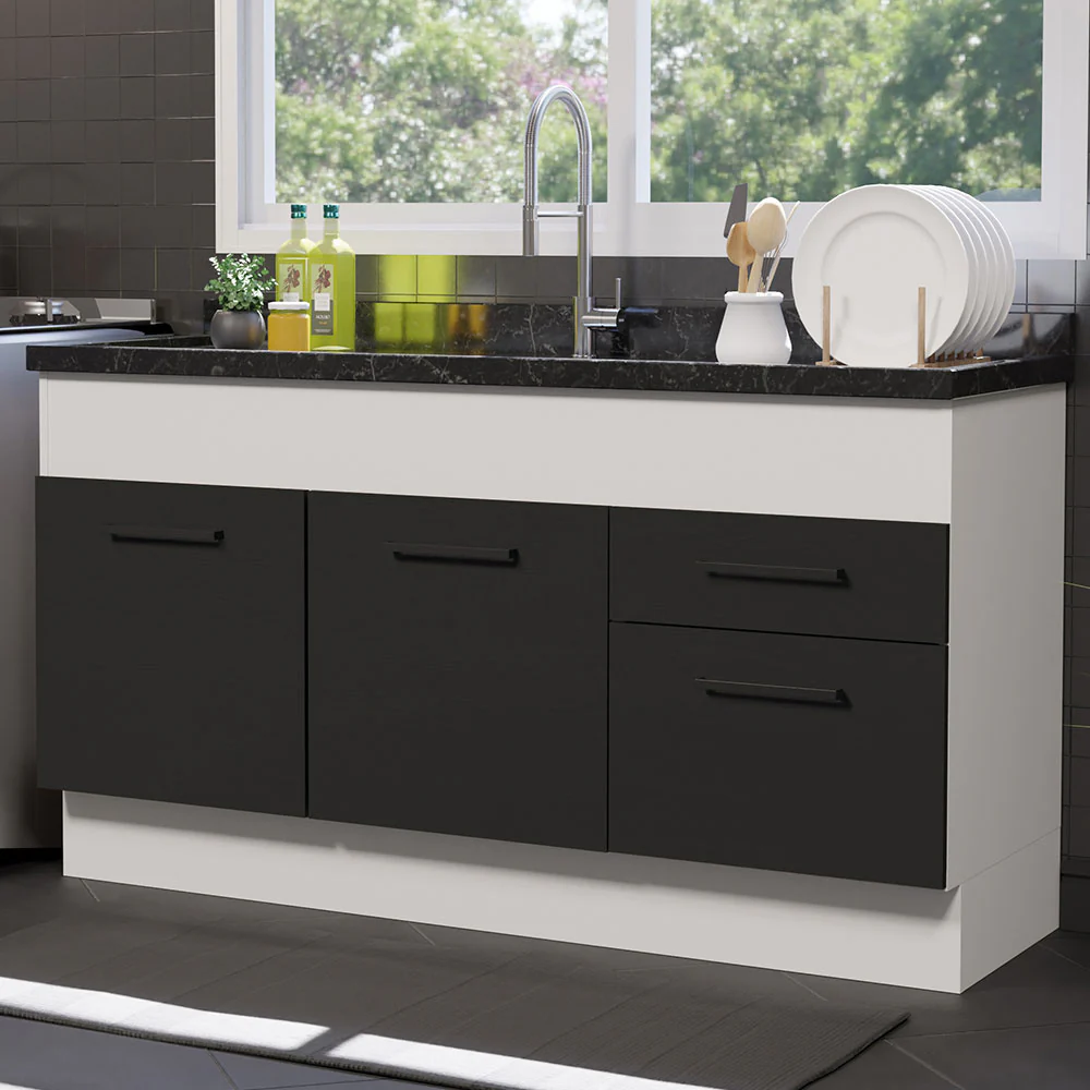 Balcão de Pia Madesa Agata 150 cm 2 Portas e 2 Gavetas (Sem Tampo e Pia) Branco/Preto - Image 2