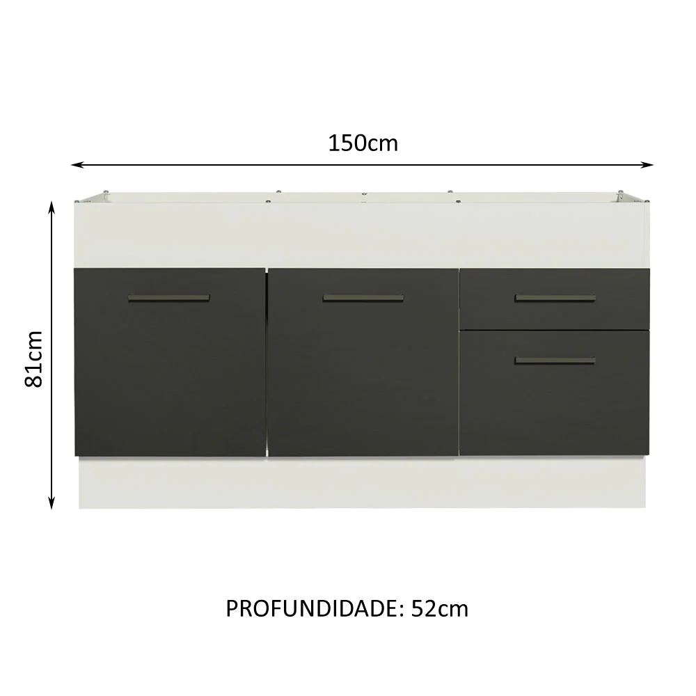 Balcão de Pia Madesa Agata 150 cm 2 Portas e 2 Gavetas (Sem Tampo e Pia) Branco/Preto - Image 3