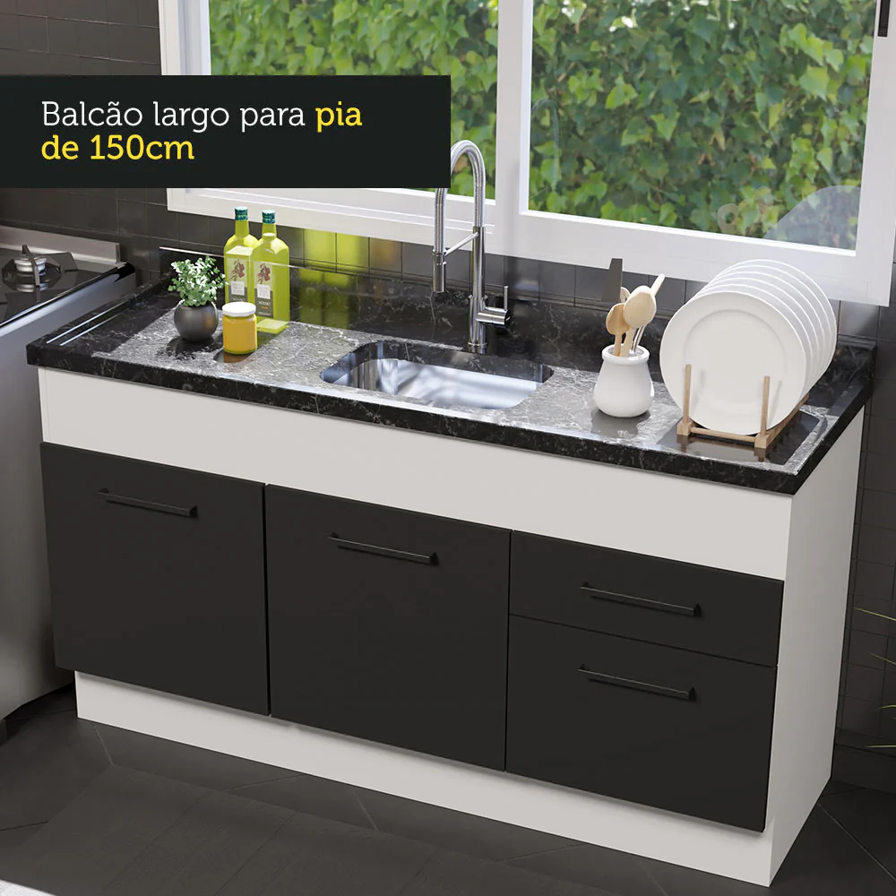 Balcão de Pia Madesa Agata 150 cm 2 Portas e 2 Gavetas (Sem Tampo e Pia) Branco/Preto - Image 6