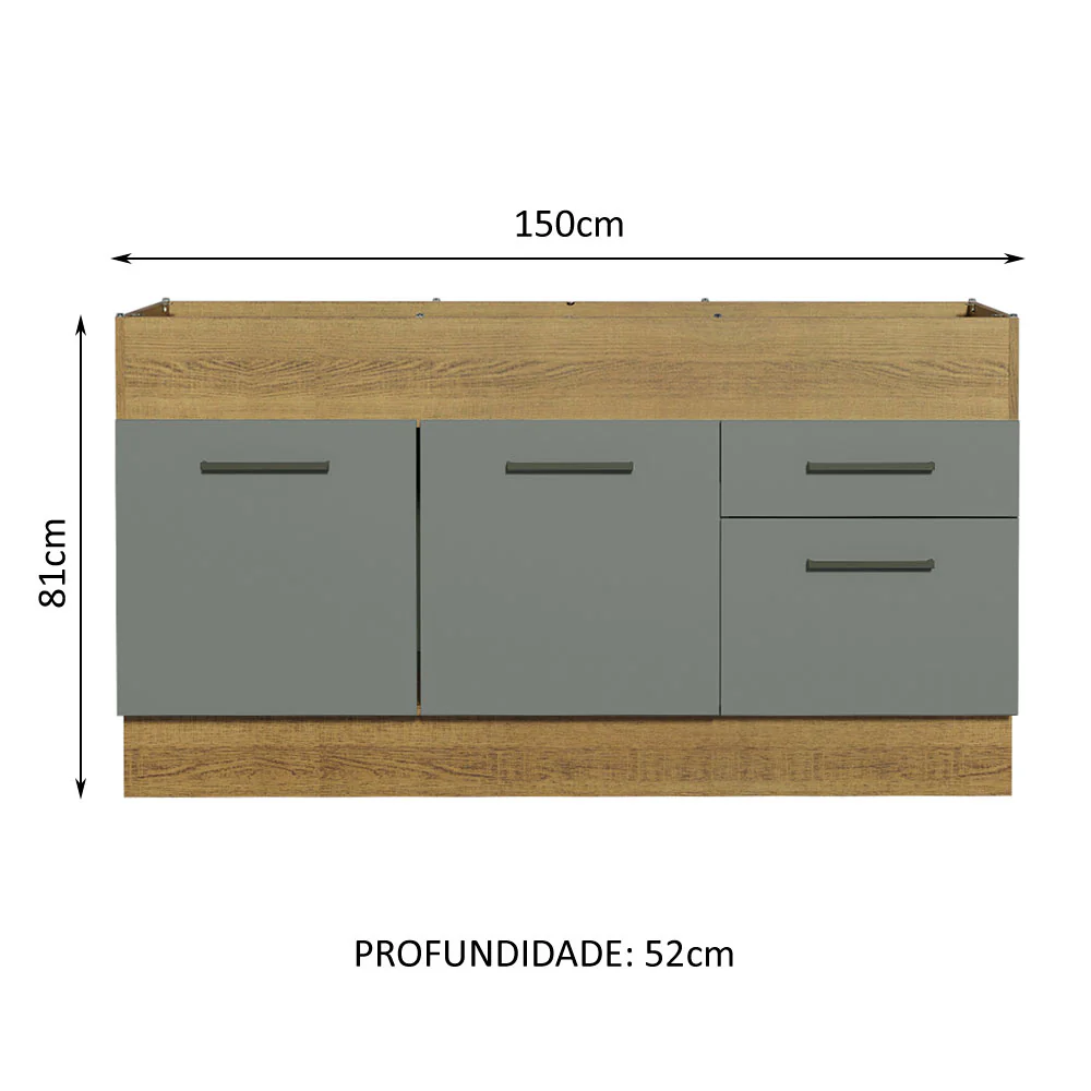 Balcão de Pia Madesa Agata 150 cm 2 Portas e 2 Gavetas (Sem Tampo e Pia) Rustic/Cinza - Image 3