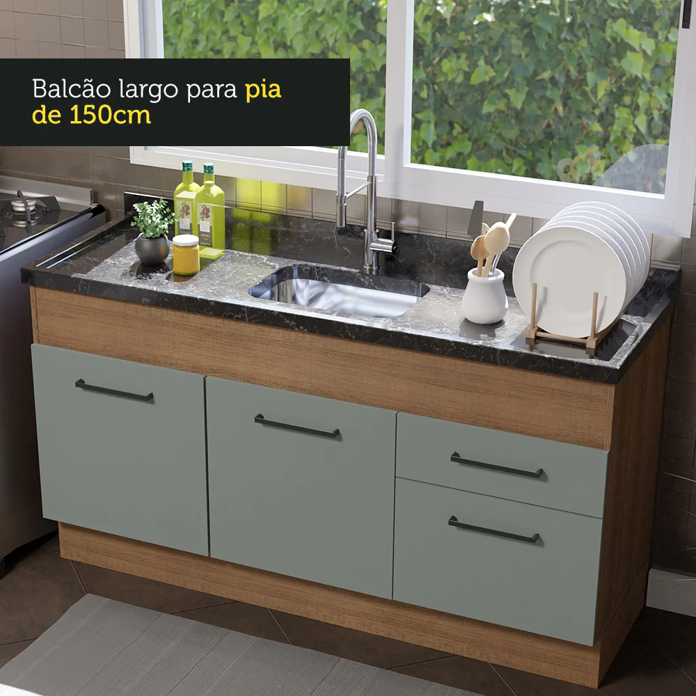 Balcão de Pia Madesa Agata 150 cm 2 Portas e 2 Gavetas (Sem Tampo e Pia) Rustic/Cinza - Image 6