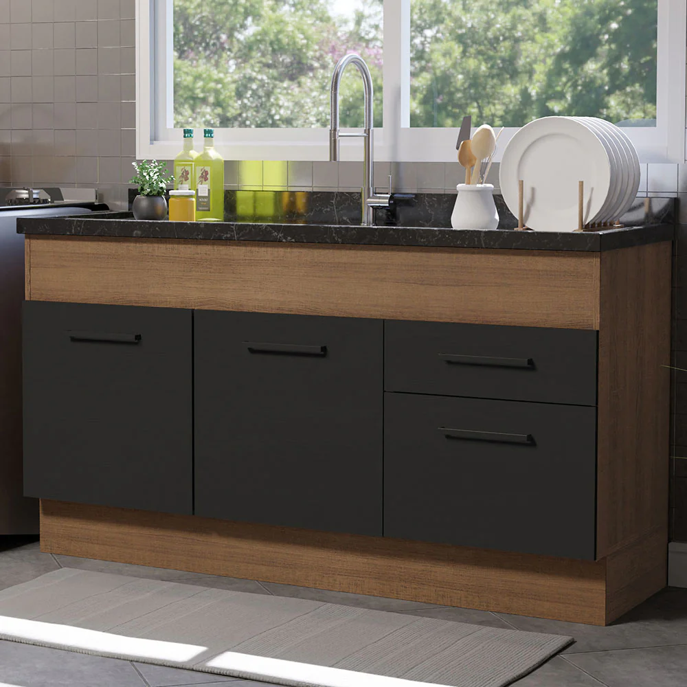 Balcão de Pia Madesa Agata 150 cm 2 Portas e 2 Gavetas (Sem Tampo e Pia) Rustic/Preto - Image 2