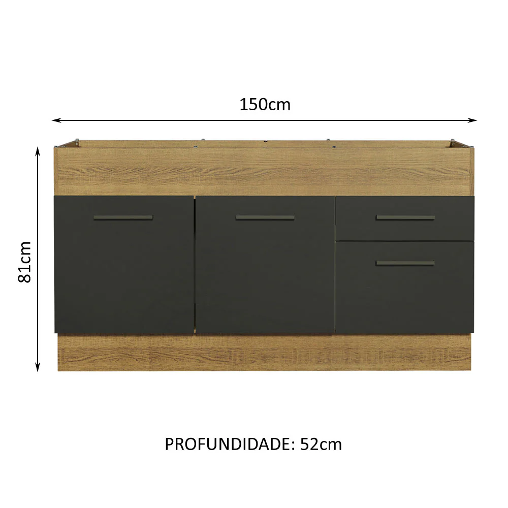 Balcão de Pia Madesa Agata 150 cm 2 Portas e 2 Gavetas (Sem Tampo e Pia) Rustic/Preto - Image 3