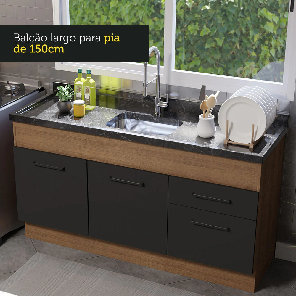 Balcão de Pia Madesa Agata 150 cm 2 Portas e 2 Gavetas (Sem Tampo e Pia) Rustic/Preto - Image 6