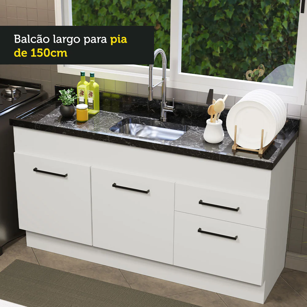 Balcão de Pia Madesa Agata 150 cm 2 Portas e 2 Gavetas (Sem Tampo e Pia) Branco - Image 6