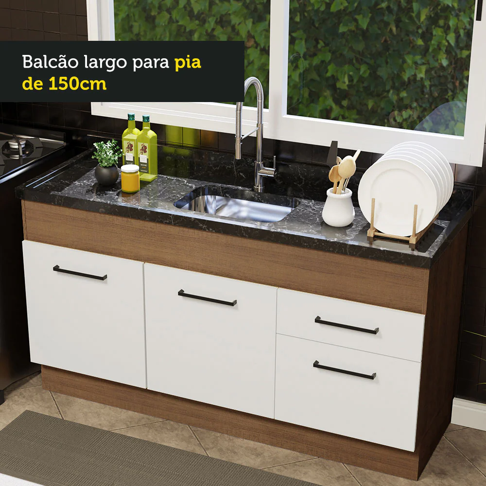 Balcão de Pia Madesa Agata 150 cm 2 Portas e 2 Gavetas (Sem Tampo e Pia) Rustic/Branco - Image 6
