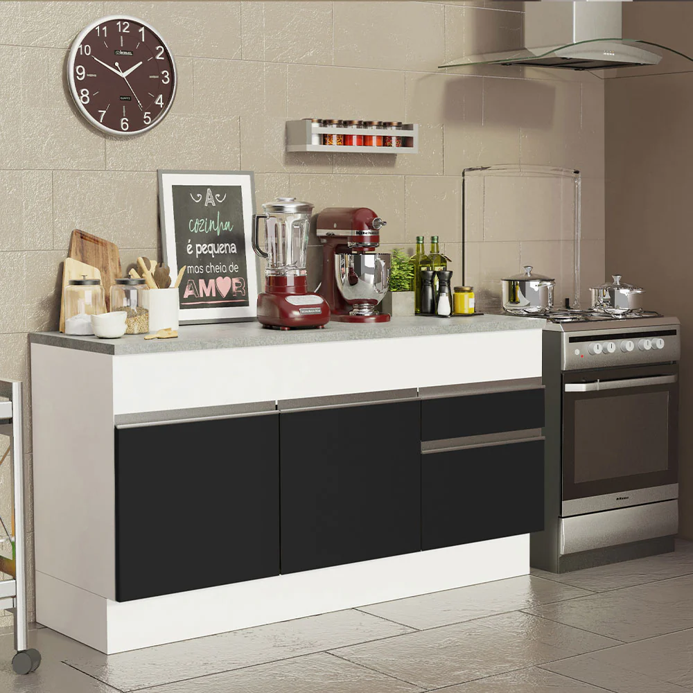 Balcão Madesa Glamy 150 cm 2 Portas e 2 Gavetas (Com Tampo) Branco/Preto - Image 2