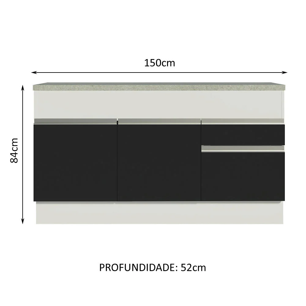 Balcão Madesa Glamy 150 cm 2 Portas e 2 Gavetas (Com Tampo) Branco/Preto - Image 3