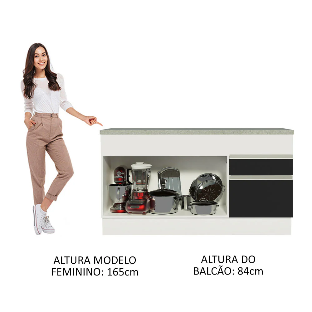 Balcão Madesa Glamy 150 cm 2 Portas e 2 Gavetas (Com Tampo) Branco/Preto - Image 5