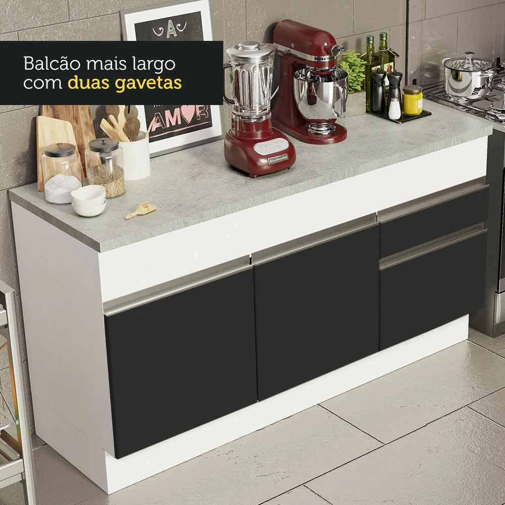 Balcão Madesa Glamy 150 cm 2 Portas e 2 Gavetas (Com Tampo) Branco/Preto - Image 7
