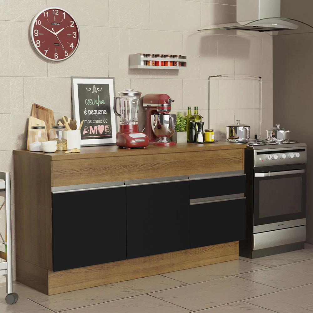 Balcão Madesa Glamy 150 cm 2 Portas e 2 Gavetas (Com Tampo) Rustic/Preto - Image 2