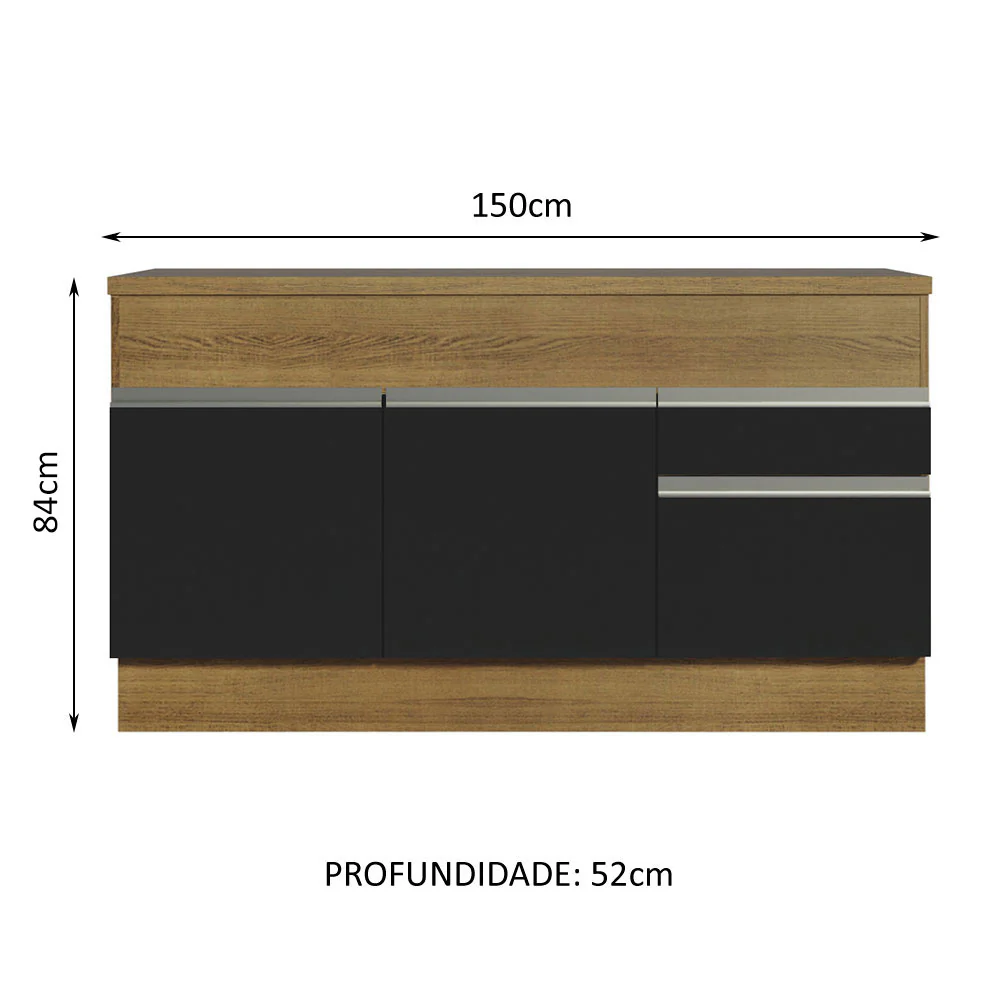 Balcão Madesa Glamy 150 cm 2 Portas e 2 Gavetas (Com Tampo) Rustic/Preto - Image 3