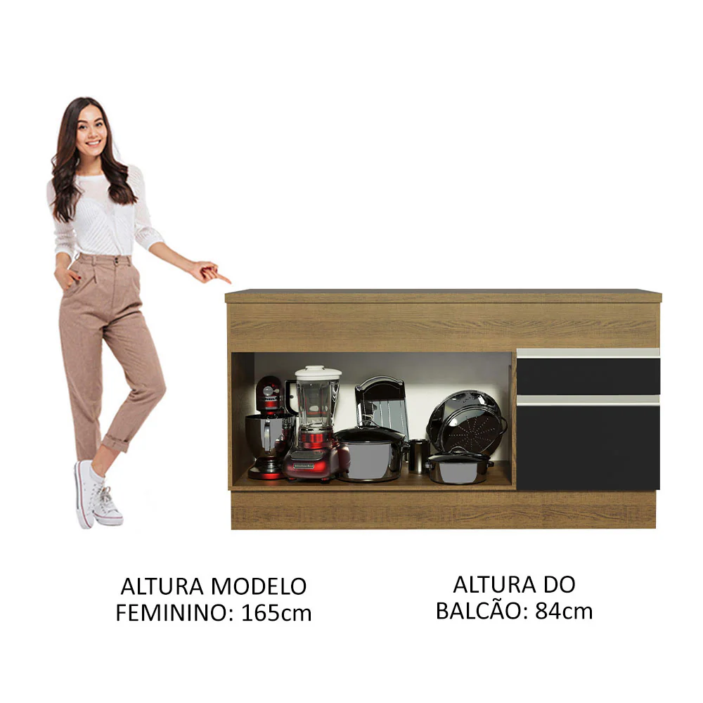 Balcão Madesa Glamy 150 cm 2 Portas e 2 Gavetas (Com Tampo) Rustic/Preto - Image 5