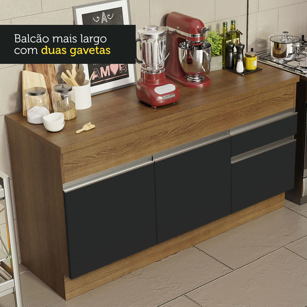 Balcão Madesa Glamy 150 cm 2 Portas e 2 Gavetas (Com Tampo) Rustic/Preto - Image 7