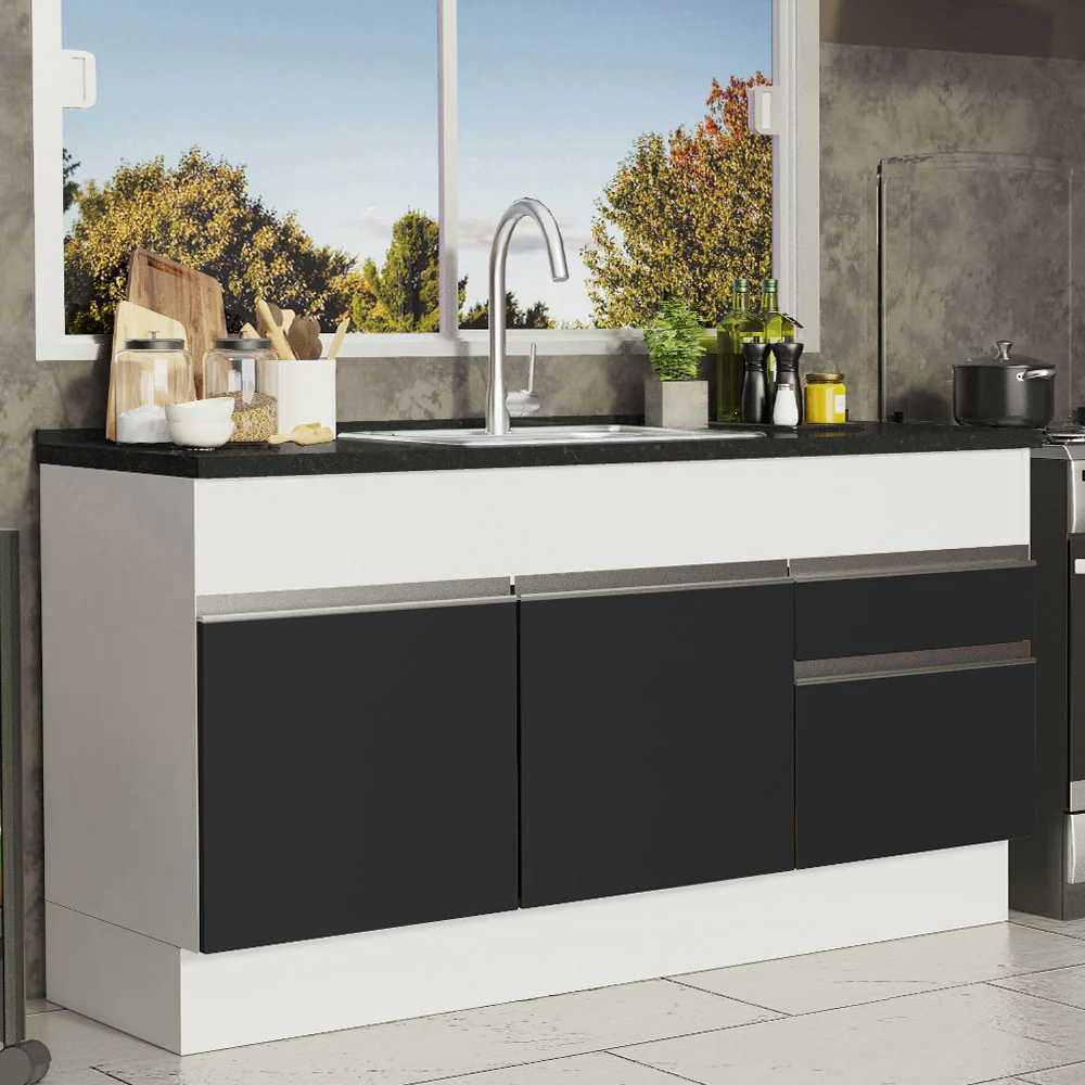 Balcão de Pia Madesa Glamy 150 cm 2 Portas e 2 Gavetas (Sem Tampo e Pia) Branco/Preto - Image 2