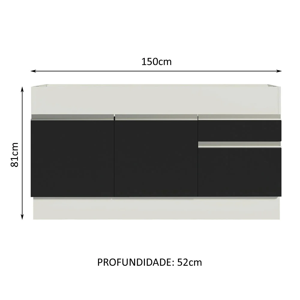 Balcão de Pia Madesa Glamy 150 cm 2 Portas e 2 Gavetas (Sem Tampo e Pia) Branco/Preto - Image 3