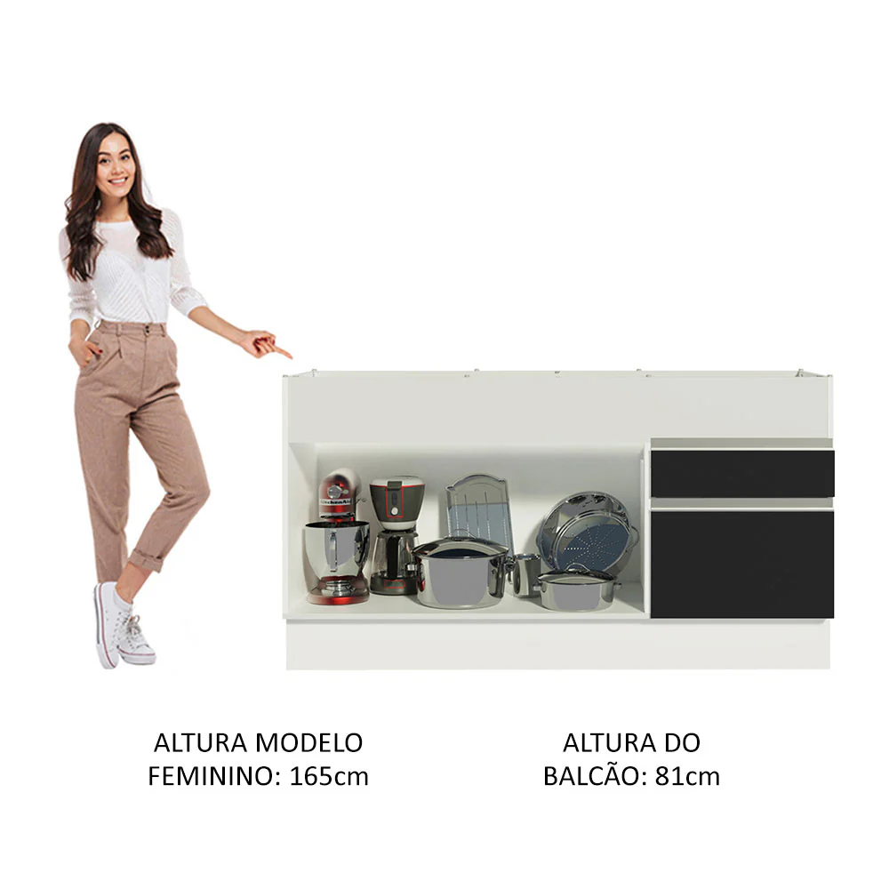 Balcão de Pia Madesa Glamy 150 cm 2 Portas e 2 Gavetas (Sem Tampo e Pia) Branco/Preto - Image 5