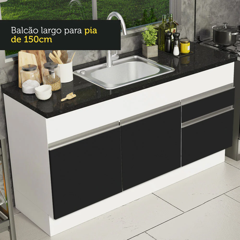 Balcão de Pia Madesa Glamy 150 cm 2 Portas e 2 Gavetas (Sem Tampo e Pia) Branco/Preto - Image 7