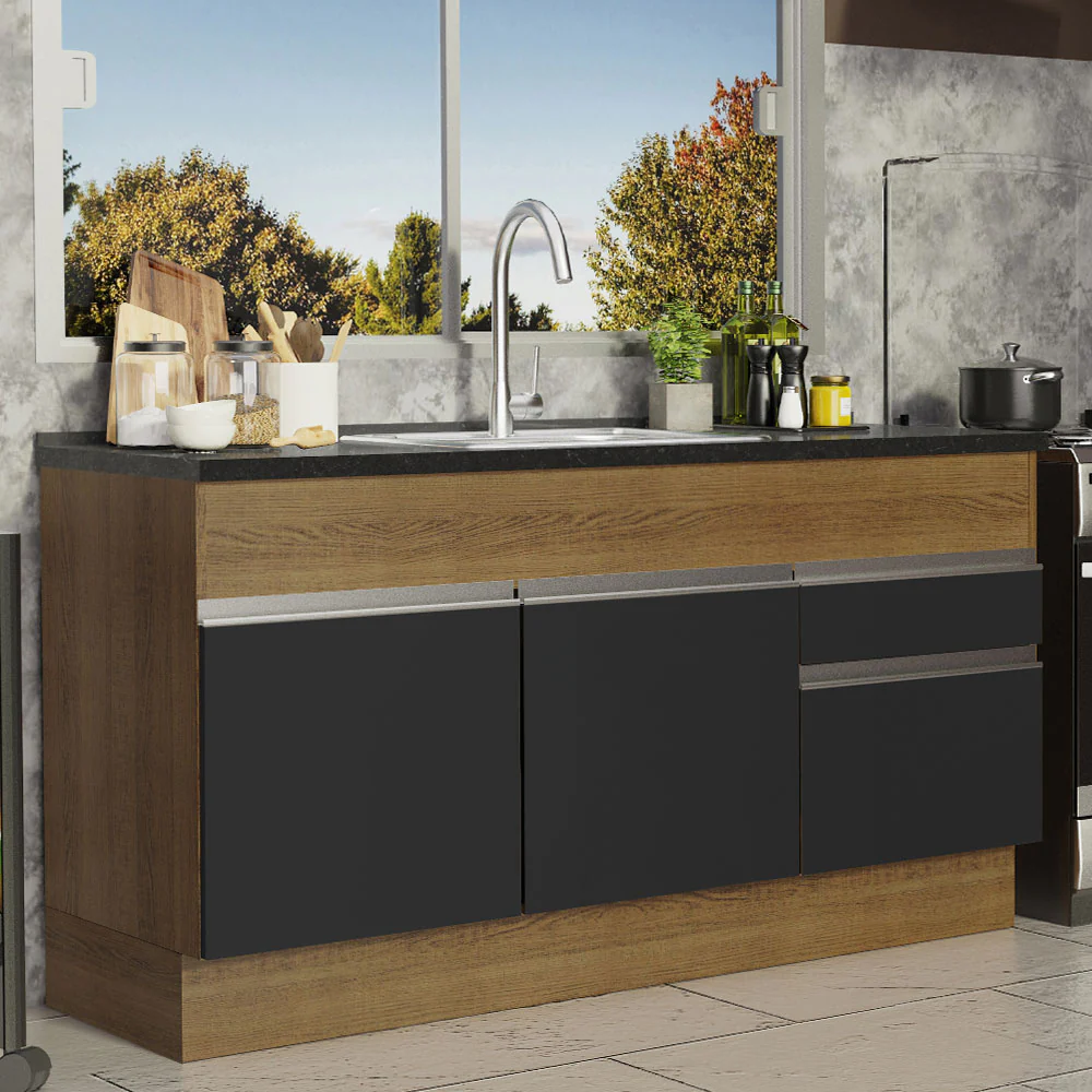 Balcão de Pia Madesa Glamy 150 cm 2 Portas e 2 Gavetas (Sem Tampo e Pia) Rustic/Preto - Image 2