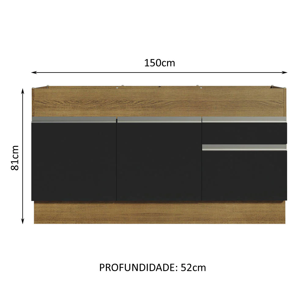 Balcão de Pia Madesa Glamy 150 cm 2 Portas e 2 Gavetas (Sem Tampo e Pia) Rustic/Preto - Image 3