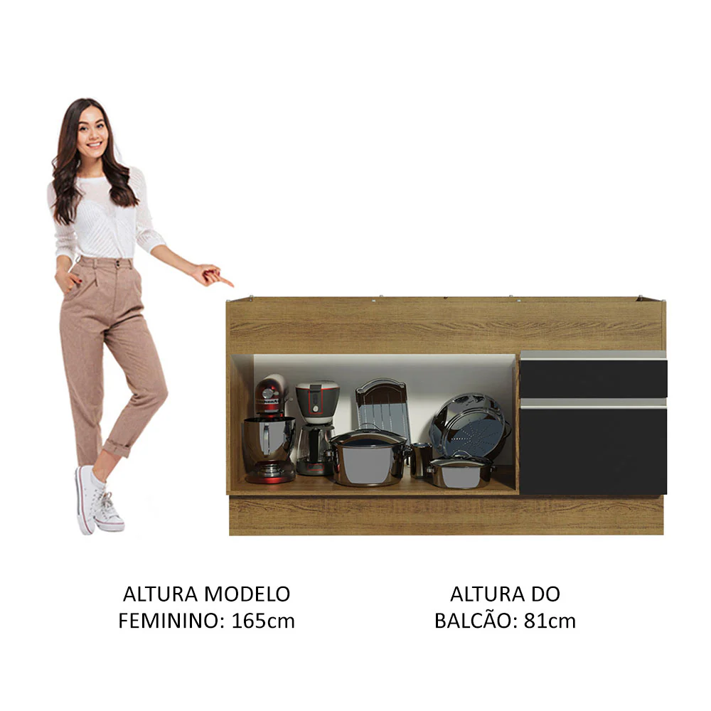 Balcão de Pia Madesa Glamy 150 cm 2 Portas e 2 Gavetas (Sem Tampo e Pia) Rustic/Preto - Image 5