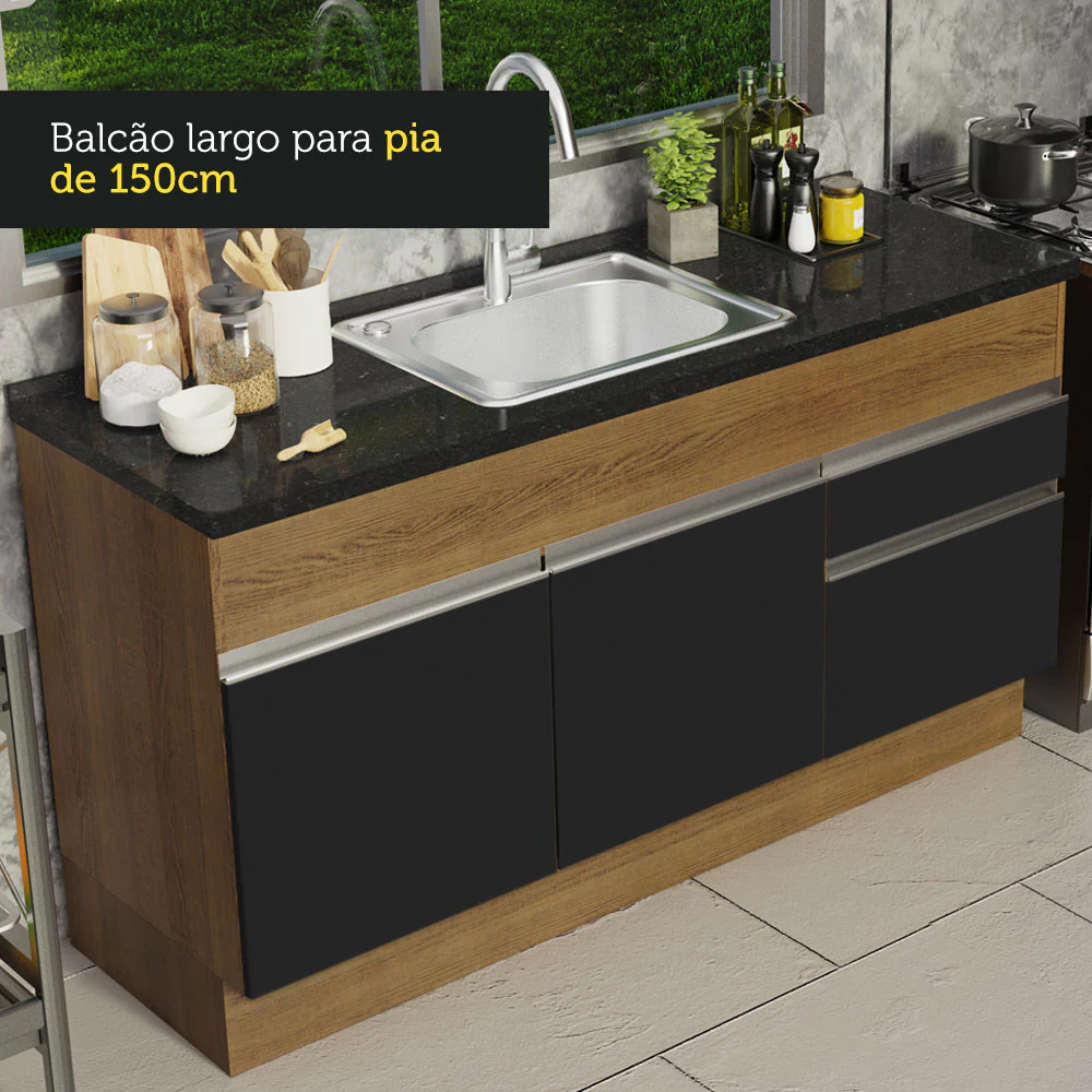 Balcão de Pia Madesa Glamy 150 cm 2 Portas e 2 Gavetas (Sem Tampo e Pia) Rustic/Preto - Image 7