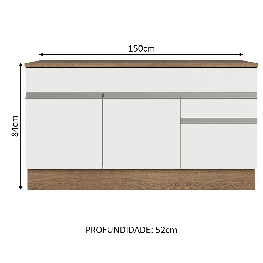 Balcão Gabinete Madesa Glamy 150 cm 2 Gavetas 2 Portas (Com Tampo) Rustic/Branco - Image 3