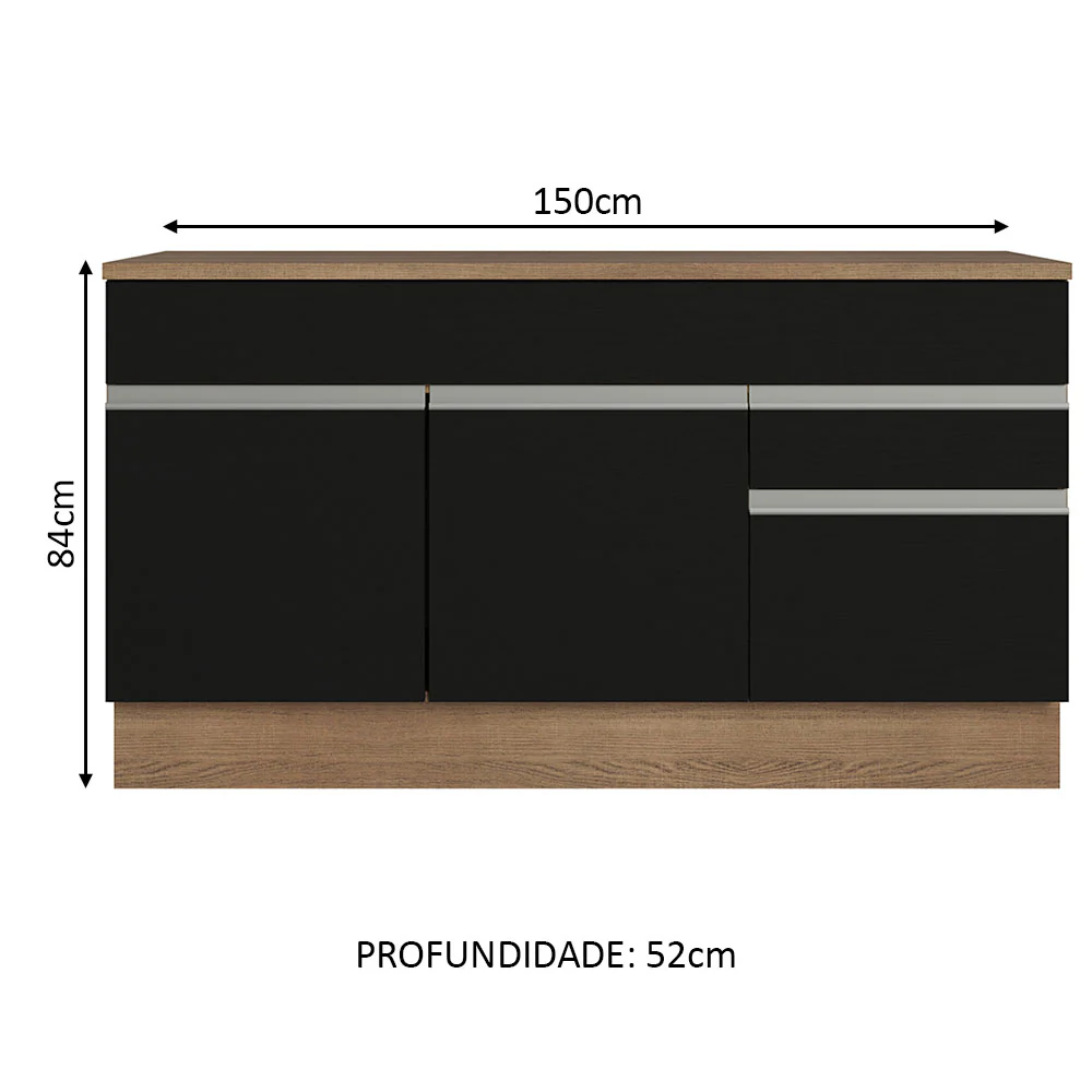 Balcão Gabinete Madesa Glamy 150 cm 2 Gavetas 2 Portas (Com Tampo) Rustic/Preto - Image 3
