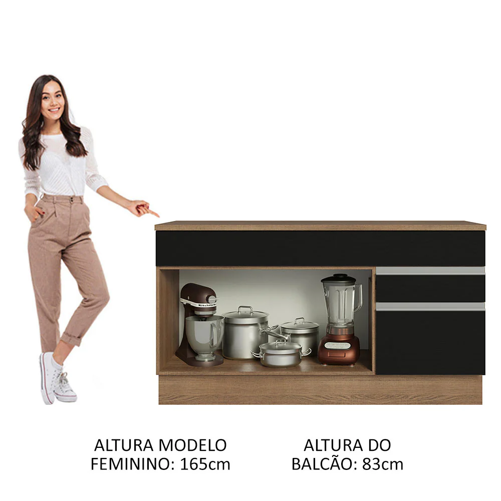 Balcão Gabinete Madesa Glamy 150 cm 2 Gavetas 2 Portas (Com Tampo) Rustic/Preto - Image 5
