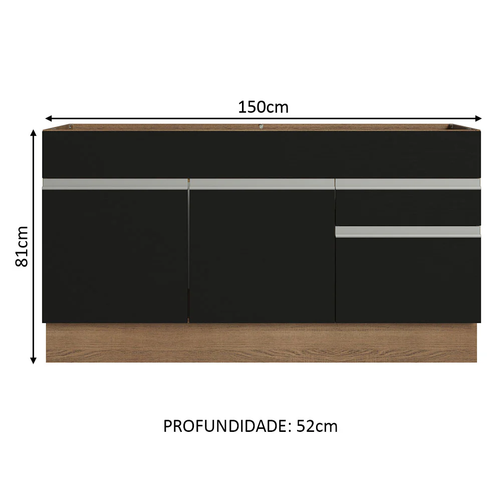 Balcão Gabinete de Pia Madesa Glamy 150 cm 2 Gavetas 2 Portas (Sem Tampo e Pia) Rustic/Preto - Image 3