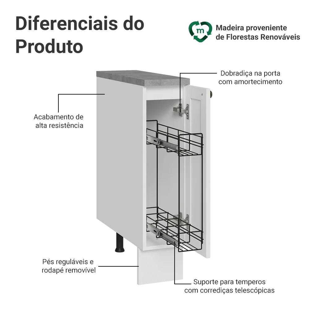Balcão Porta-Temperos 20x60 cm 1 Porta (Com Tampo) Branco Vik Madesa - Image 4