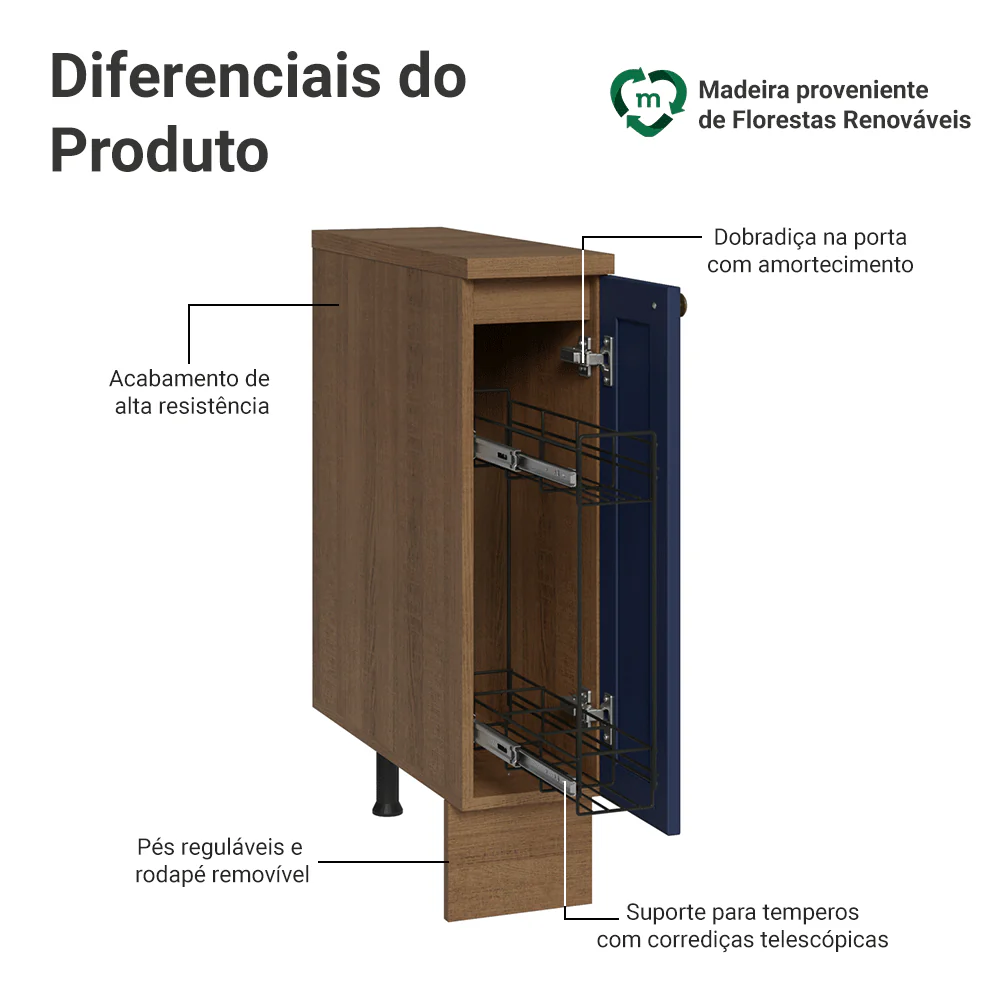 Balcão Porta-Temperos 20x60 cm 1 Porta (Com Tampo) Rustic/Azul Vik Madesa - Image 4
