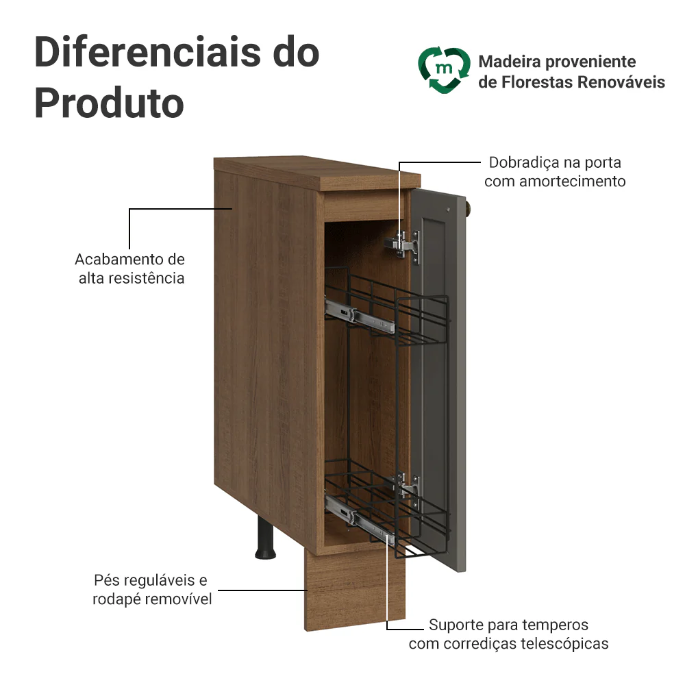 Balcão Porta-Temperos 20x60 cm 1 Porta (Com Tampo) Rustic/Cinza Vik Madesa - Image 4
