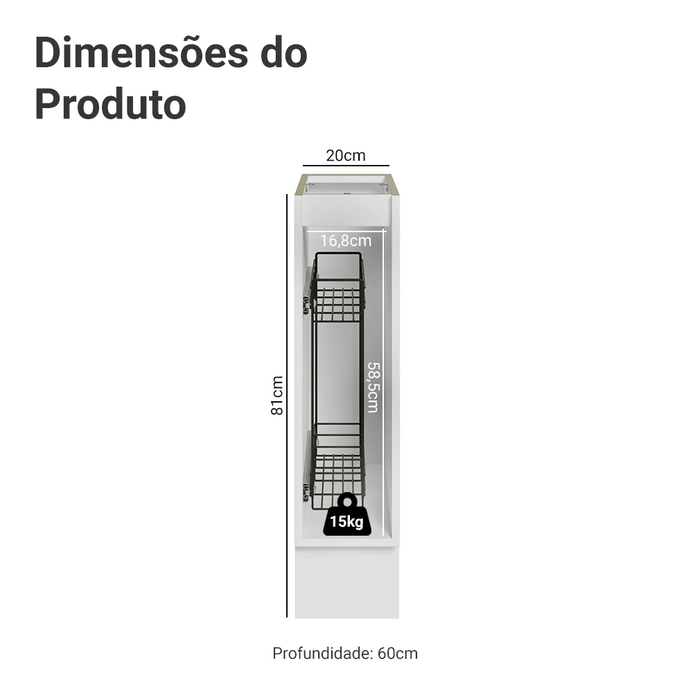 Balcão Porta-Temperos 20x60 cm 1 Porta (Sem Tampo) Branco/Cinza Vik Madesa - Image 3