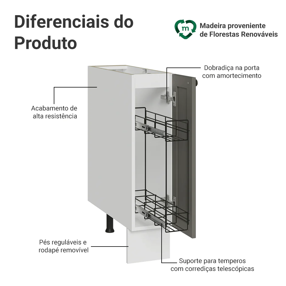 Balcão Porta-Temperos 20x60 cm 1 Porta (Sem Tampo) Branco/Cinza Vik Madesa - Image 4