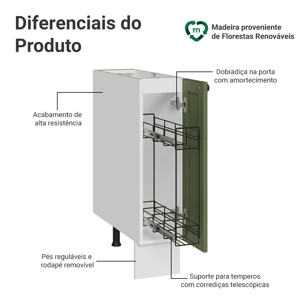 Balcão Porta-Temperos 20x60 cm 1 Porta (Sem Tampo) Branco/Verde Vik Madesa - Image 4