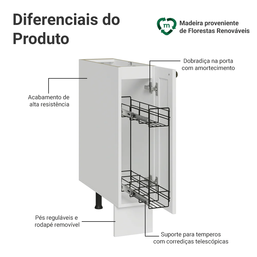 Balcão Porta-Temperos 20x60 cm 1 Porta (Sem Tampo) Branco Vik Madesa - Image 4