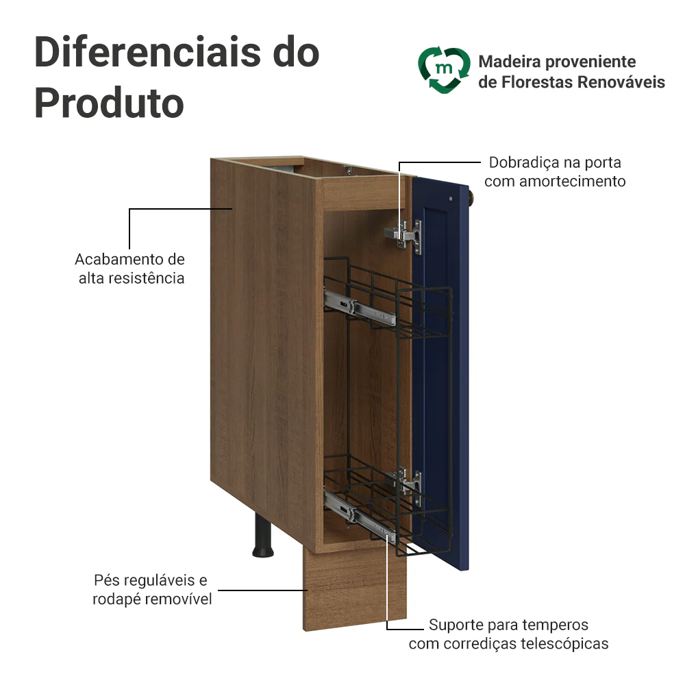 Balcão Porta-Temperos 20x60 cm 1 Porta (Sem Tampo) Rustic/Azul Vik Madesa - Image 4