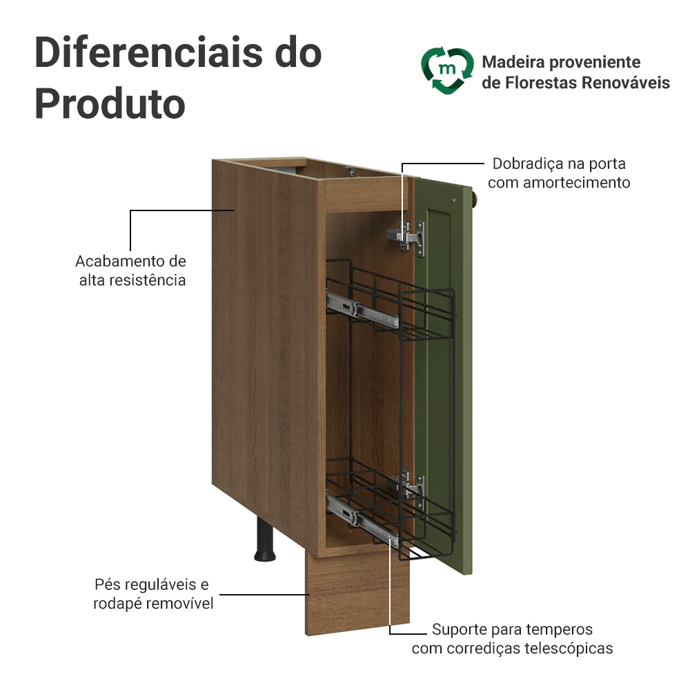 Balcão Porta-Temperos 20x60 cm 1 Porta (Sem Tampo) Rustic/Verde Vik Madesa - Image 4