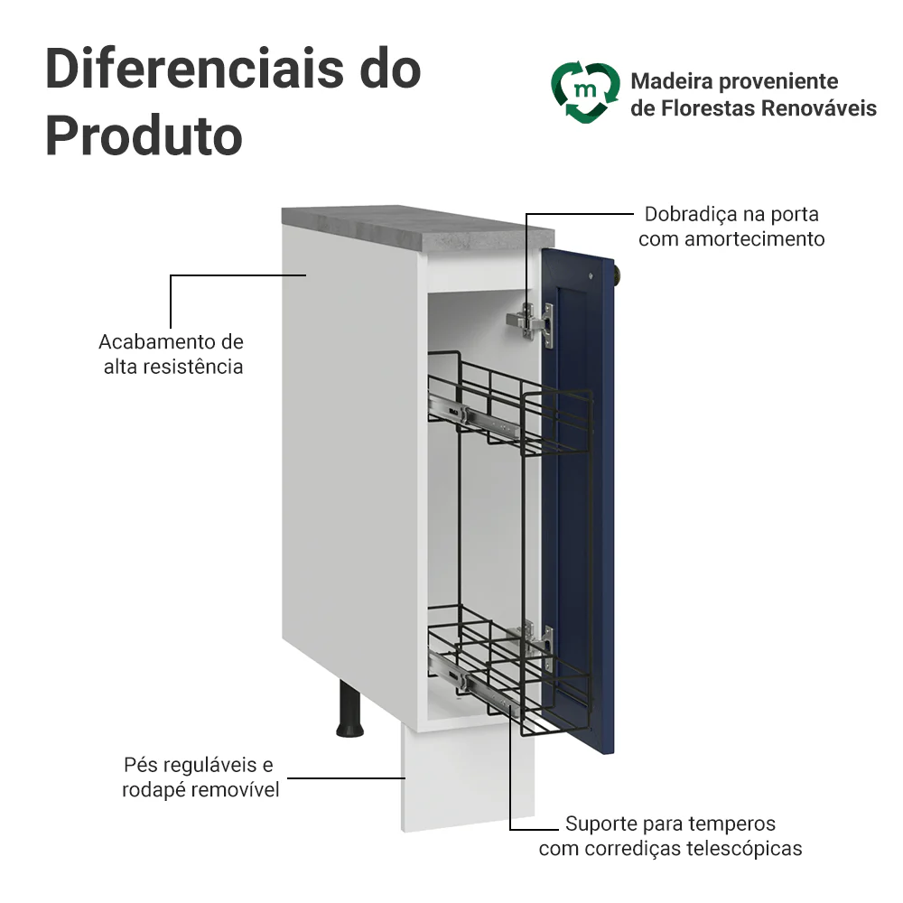 Balcão Porta-Temperos 20 cm 1 Porta Branco/Azul Vik Madesa - Image 4