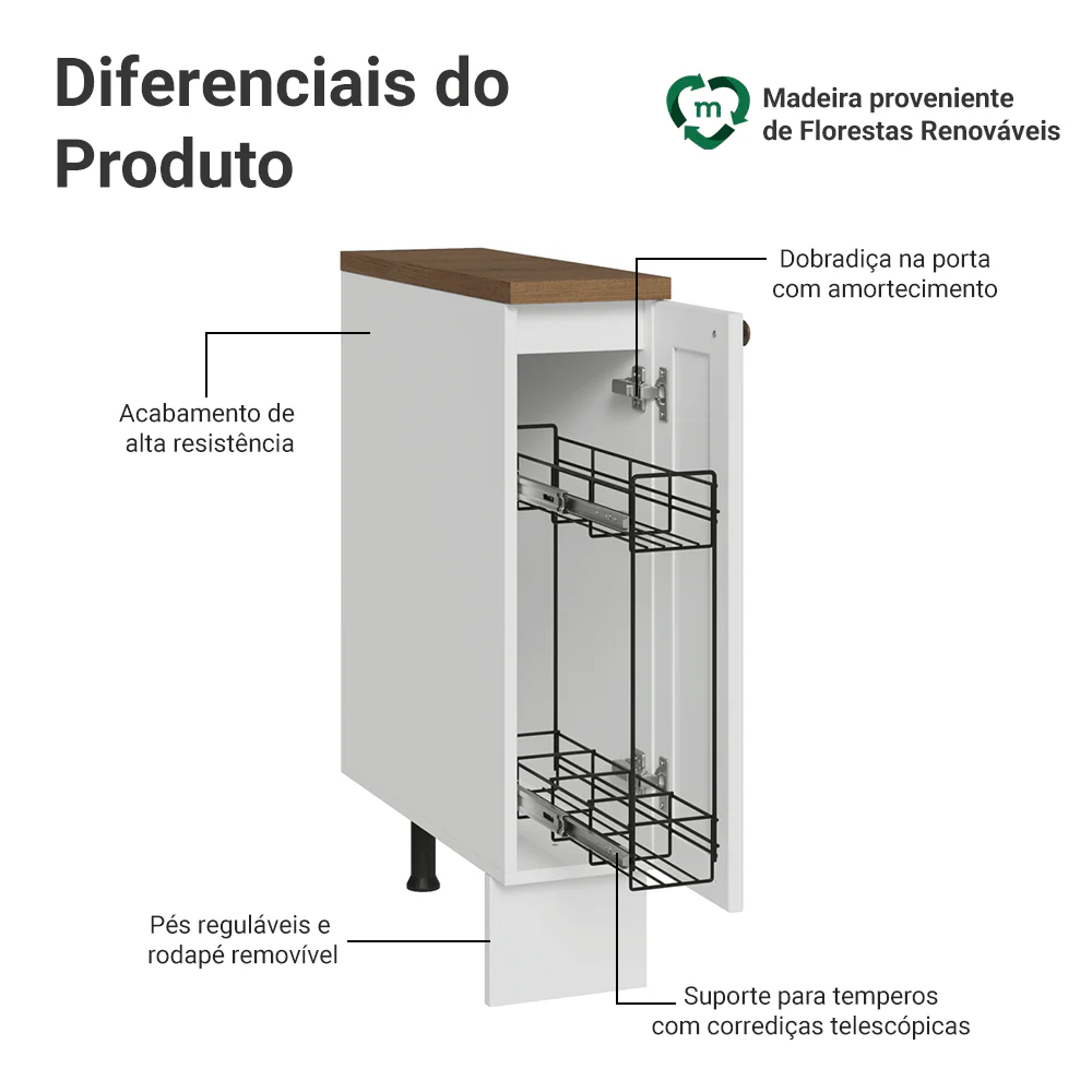 Balcão Porta-Temperos 20 cm 1 Porta Branco/Tampo Rustic Vik Madesa - Image 4