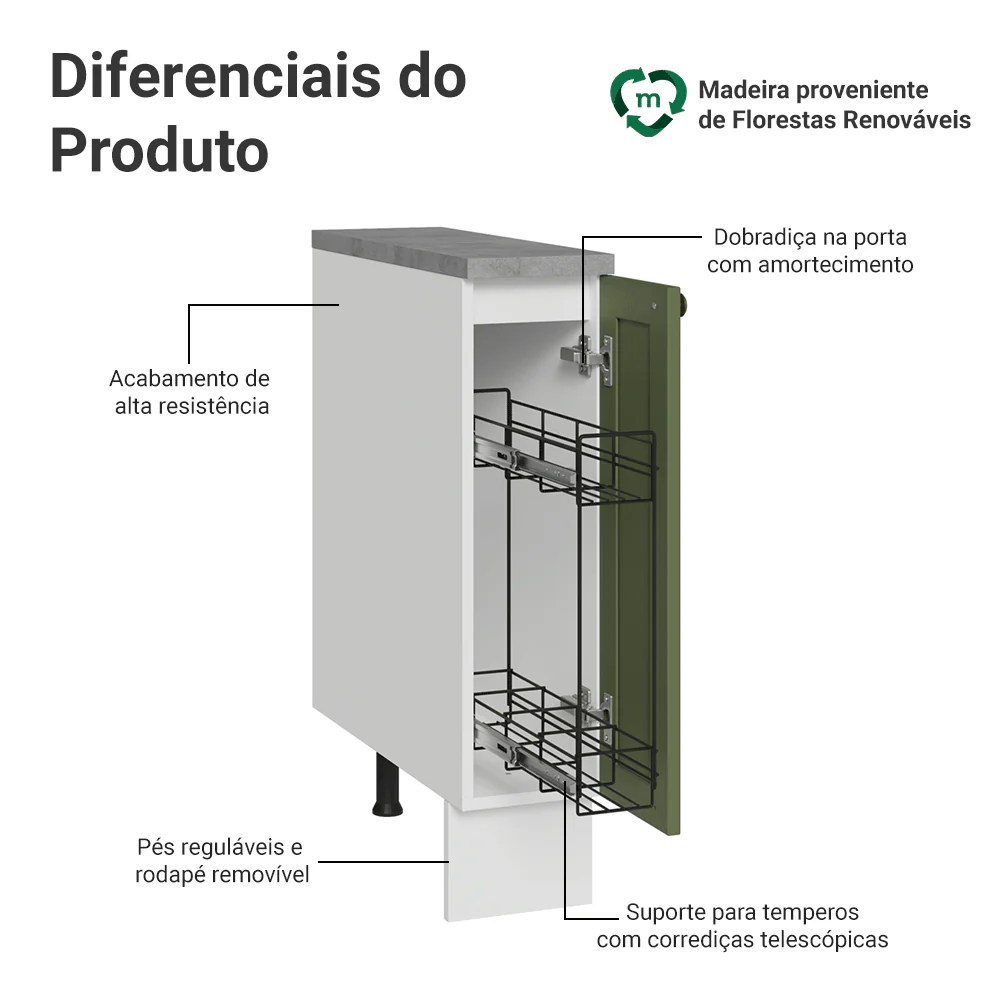 Balcão Porta-Temperos 20 cm 1 Porta Branco/Verde Vik Madesa - Image 4