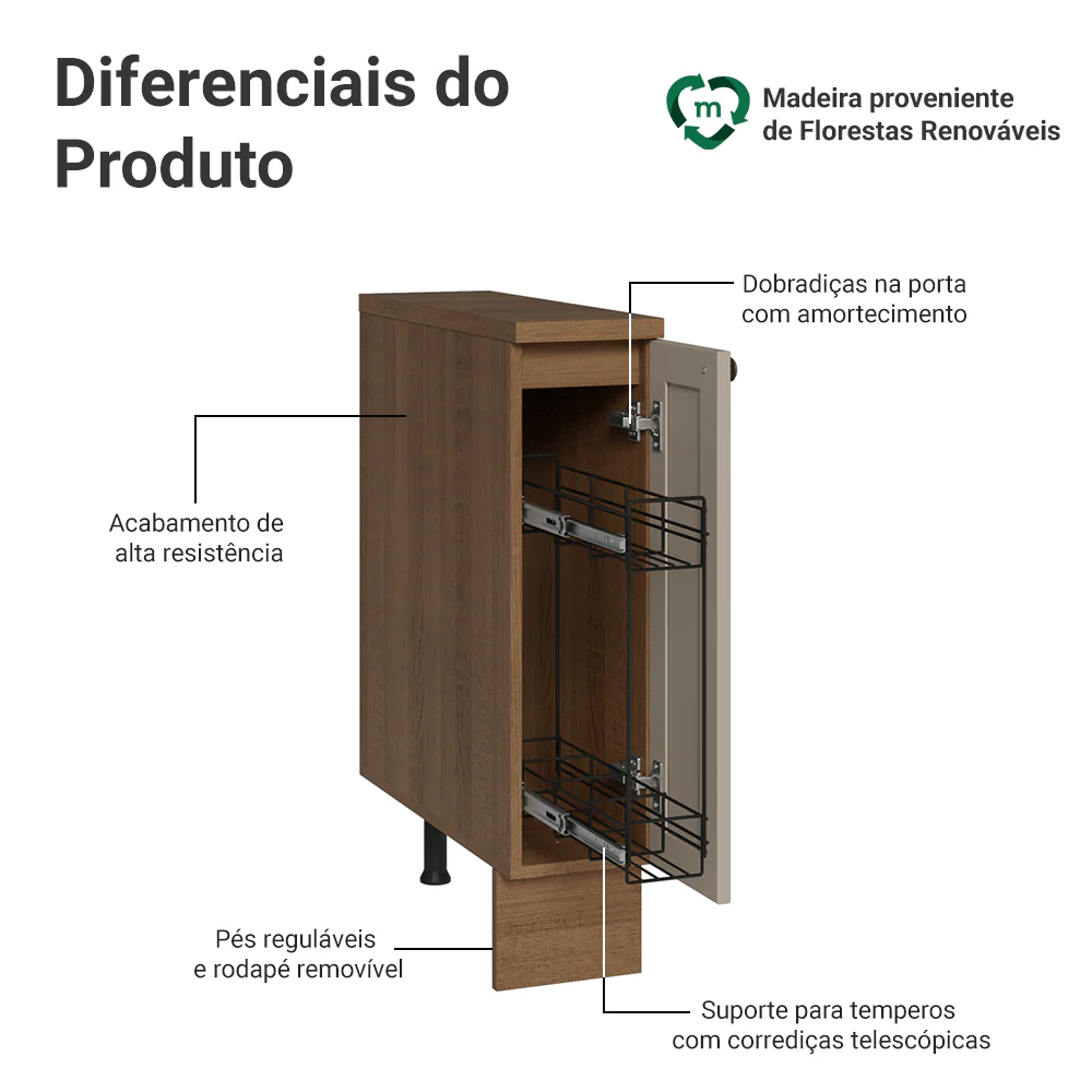 Balcão Porta-Temperos 20 cm 1 Porta (Com Tampo) Rustic/Crema Vik Madesa - Image 3