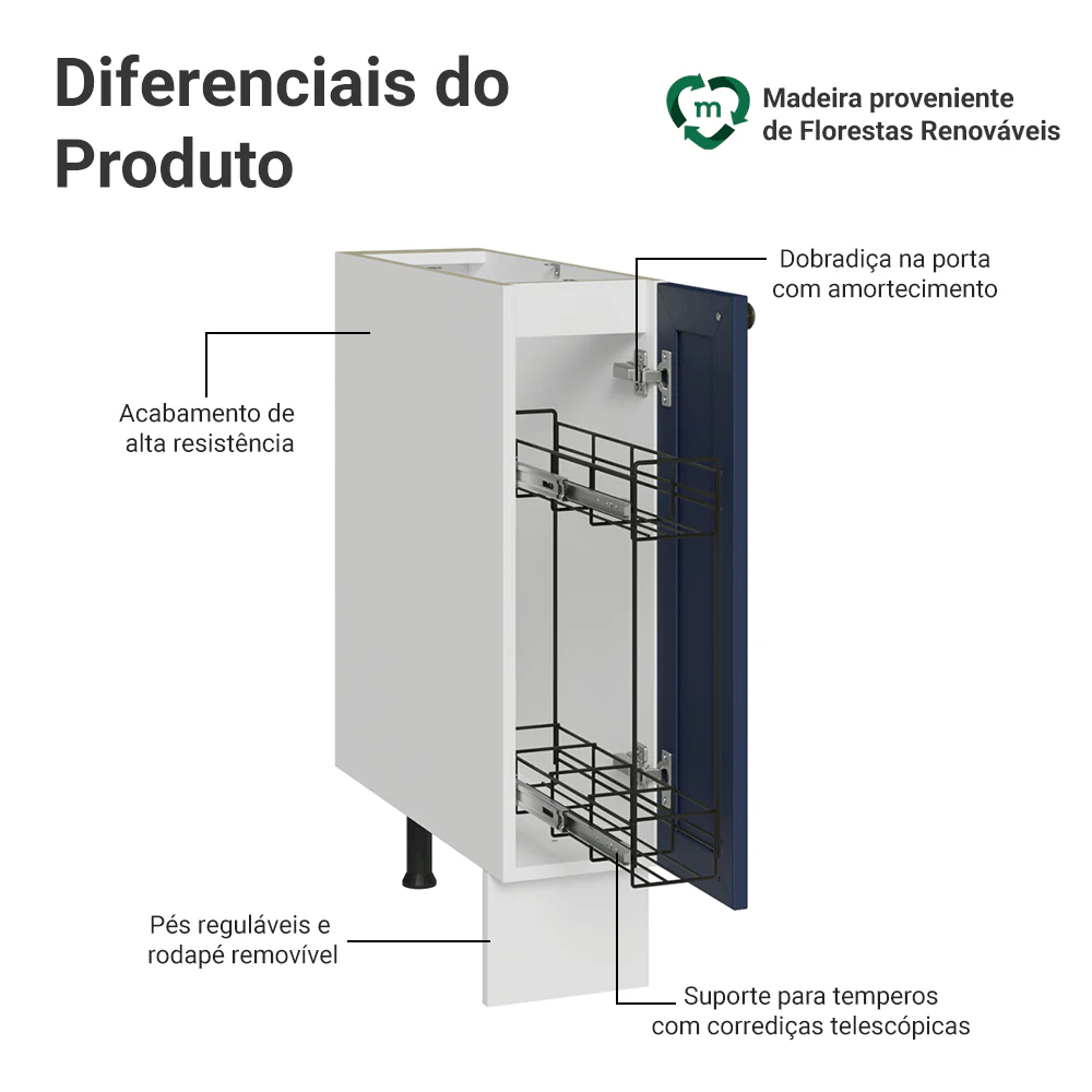 Balcão Porta-Temperos 20 cm 1 Porta (Sem Tampo) Branco/Azul Vik Madesa - Image 4