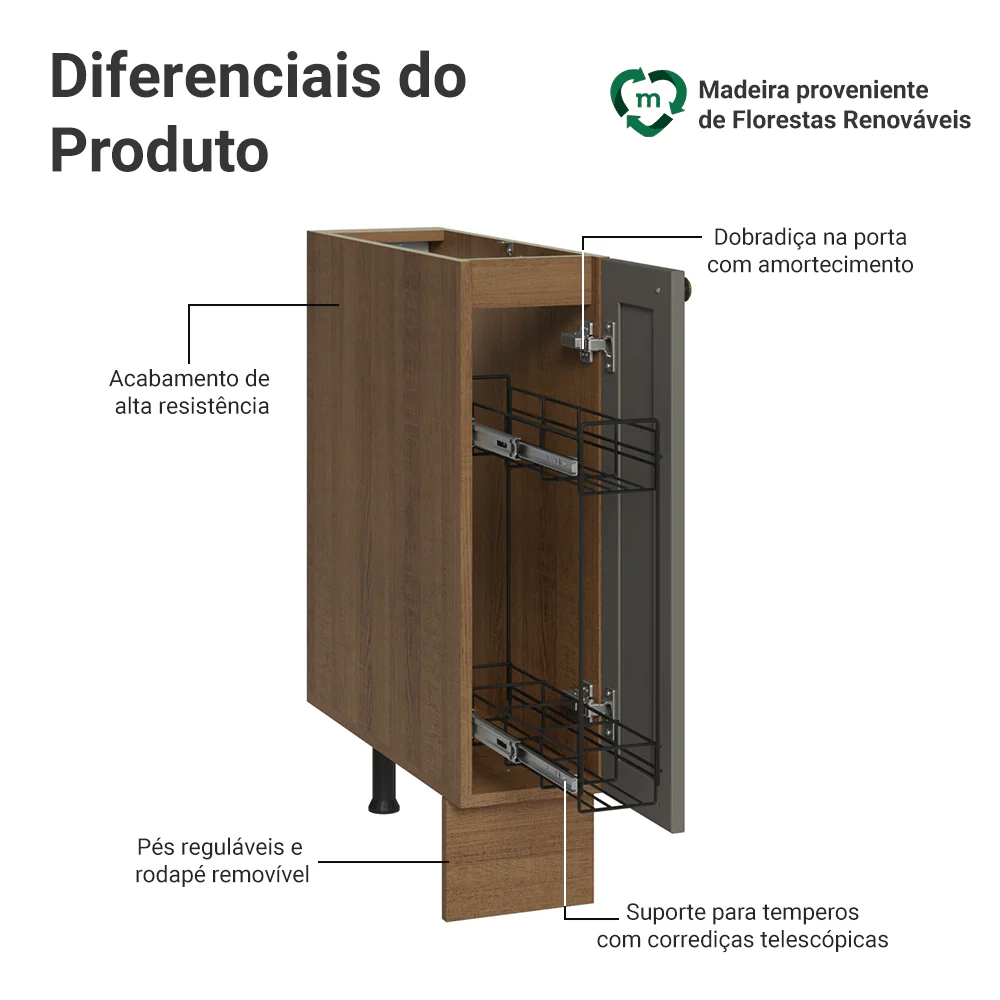 Balcão Porta-Temperos 20 cm 1 Porta (Sem Tampo) Rustic/Cinza Vik Madesa - Image 4